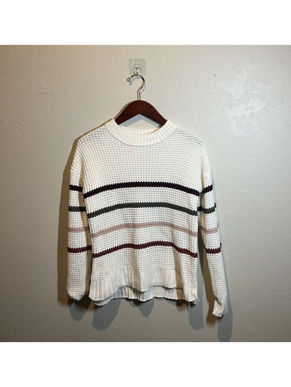 Women's Cream Knit Sweater with Multicolor Stripes